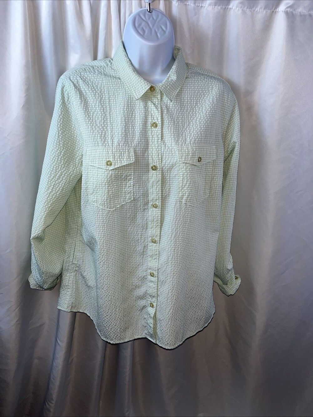 Eddie Basuer Women’s Mint Green Seersucker Button Down Top Size L Outdoor